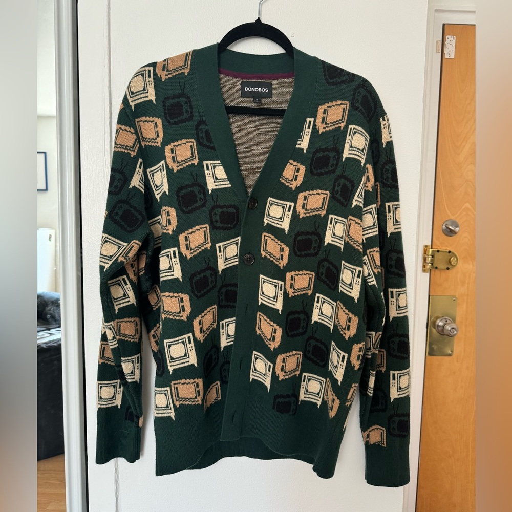 Bonobos Cardigan Mens‎ Medium Cashmere Blend Retro TV Print Green Sweater